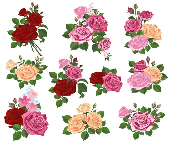 Eine Reihe von Rosensträußen auf weißem Hintergrund. Aquarellillustration — Stockvektor