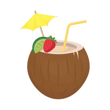 Hindistan cevizi kokteyl bir dilim limon, çilek, sarı çilek ve bir şemsiye ile dekore edilmiştir.