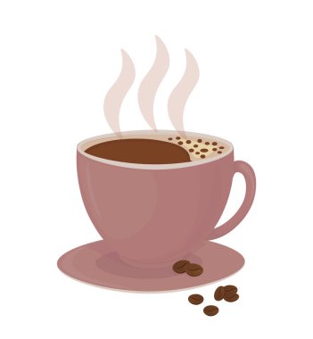 Sıcak kahve ve kahve çekirdeği, öğe üzerinde beyaz izole tasarımı için pembe Kupası