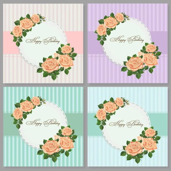 Conjunto de tarjeta con rosa flor, hojas. Conjunto de tarjetas de cumpleaños, póster, plantilla, tarjetas de felicitación, flor, ilustraciones vectoriales, elementos de diseño aislados en blanco — Vector de stock