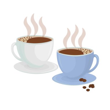 İki bardak sıcak kahve ve kahve çekirdeği. Tasarım, öğe üzerinde beyaz izole.