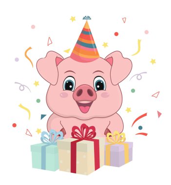 Hediye ile sevimli bir karikatür domuz vektör Illustration. Tebrik Sticker Smiley kart beyaz izole.