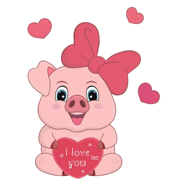 Cochon de dessin animé mignon avec grand coeur rose et texte Je t'aime pour le design — Image vectorielle