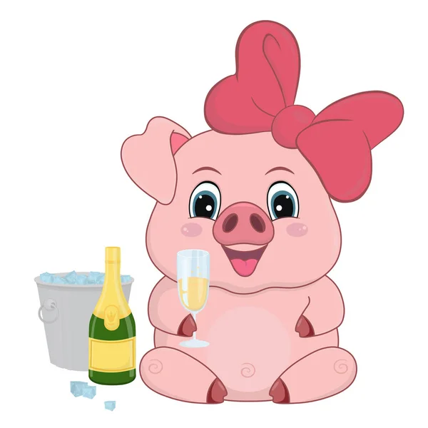 Słodkie kreskówki Piggy ze szklanką, butelka szampana i wiadro lodu — Wektor stockowy