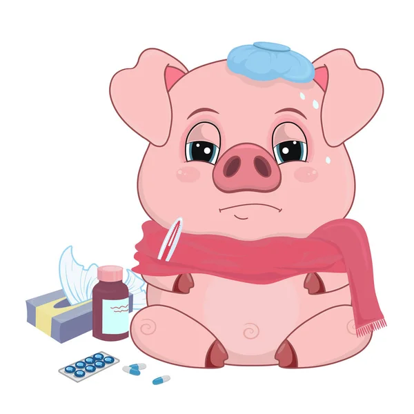 Świnia balowa w szalik z termometru i leków. Świnia w stylu kreskówki izolowane na białym tle-wektor. — Wektor stockowy