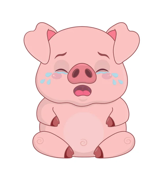 Autocollant sourire dessin animé cochon. Triste porc pleurant avec des larmes . — Image vectorielle