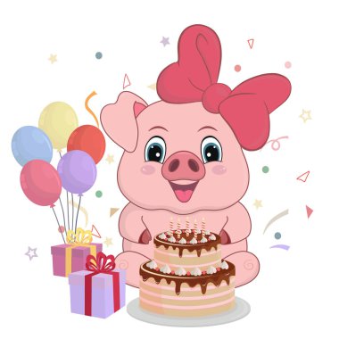 Bir ip üzerinde pasta hediyeler ve balonlar ile sevimli bir piggy Vektör karikatür illüstrasyon.