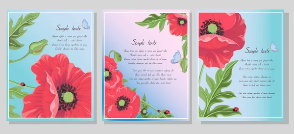 Grußkarte mit roten Mohnblumen und blauem Schmetterling auf blauem Hintergrund. Vorlagen für Einladungskarten, Hochzeiten, Banner, Verkauf, Broschüren-Cover-Design-Vektor — Stockvektor