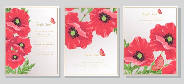 白色背景的卡片，有红色罂粟花、矢量叶、花蕾、蝴蝶瓢虫。一套模板邀请卡，婚礼，横幅，销售，小册子封面设计-矢量 — 图库矢量图片