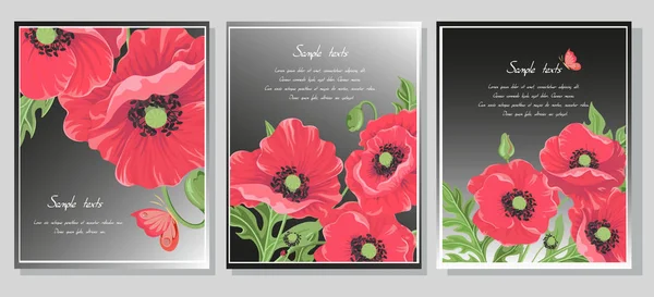 Flores vermelhas de papoula. Cartões em um fundo preto com flores de papoula com folhas, botões, joaninha borboleta. Conjunto de modelos para cartões de convite, casamento, banners, vendas, design de capa de brochura-Vector — Vetor de Stock