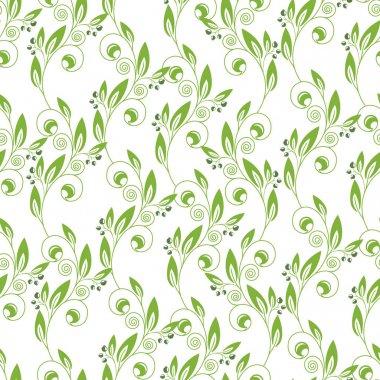 Yeşil yaprakları ve soyut bukleler süs ile Dikişsiz arka plan.