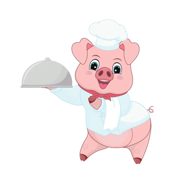 Domuz şefi tabak tutuyor. Komik ve sevimli piggy karikatür tarzı beyaz arka plan izole. Tasarım için vektör illüstrasyon, dekor, tatil, davetiye, afiş, afiş, kartpostal, vektör şablonu.