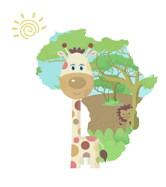 Africa. Illustrazione vettoriale a colori. Giraffa in piedi sullo sfondo di una mappa dell'Africa con un paesaggio. Isolato su sfondo bianco . — Vettoriale Stock