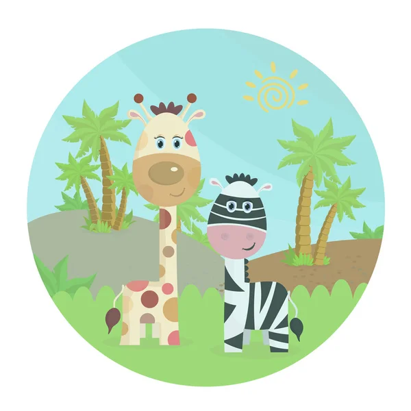 Zebra con giraffa in natura. Illustrazione vettoriale a colori dei cartoni animati in un cerchio, paesaggio con animali palme ed erba — Vettoriale Stock