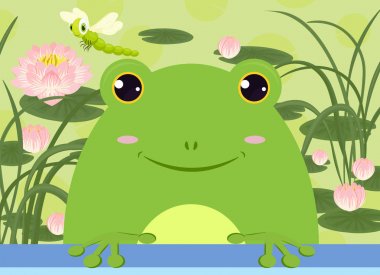 El ilanları, posterler, albüm kapakları, afiş, arka plan için çim ve yusufçuk ile nilüferler arka planda Kurbağa