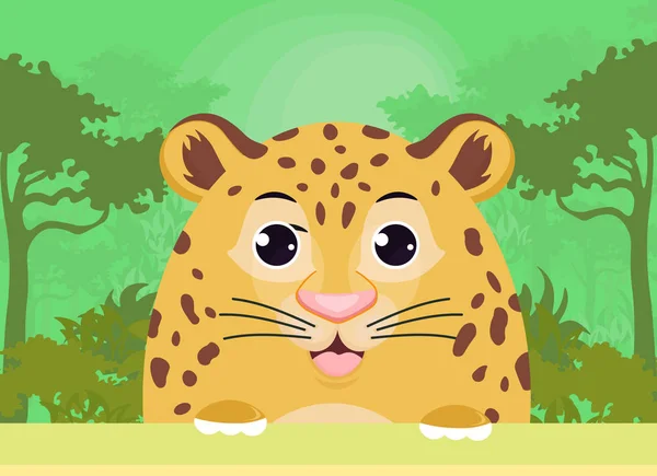 Affiche, dépliant, pochette d'album, bannière, fond en style dessin animé avec léopard sur fond de nature . — Image vectorielle