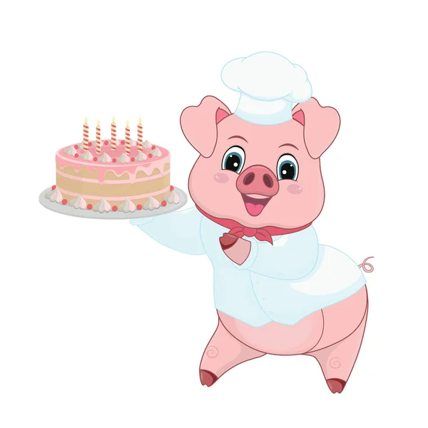 Schweinekoch mit Schirmmütze, der einen Kuchen hält. lustiges und süßes Schweinchen im Cartoon-Stil. Vektorillustration für Design, Dekor, Urlaub, Einladung, Banner, Poster, Postkarten, Vektorvorlage. — Stockvektor