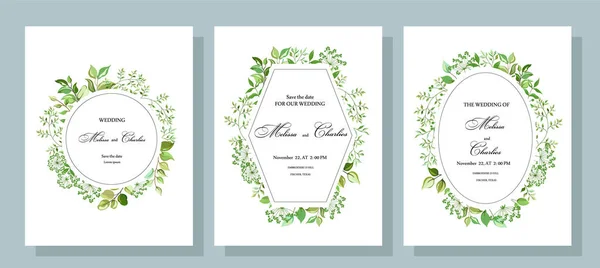 Jeu de cartes pour les invitations de mariage. Plantes vertes : feuilles branches vertes herbe des champs . — Image vectorielle