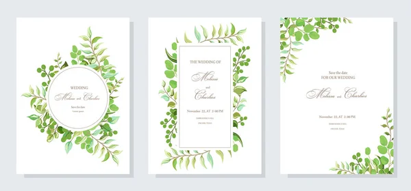 Приглашение на свадьбу, открытка с лесными зелеными травами, листьями, эвкалиптовыми ветвями, папоротниками, листьями экзотических тропических растений. Ботанический, элегантный узор . — стоковый вектор