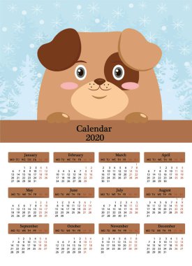 2020 için vektör takvimi. Kış manzara arka planda bir köpek ile Aylık takvim.