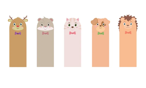 Çocuk dergi notebooklar için yer imi şablonu. Yay kravat zarif hayvanlar ile dikey kartlar: geyik hamster kedi köpek kirpi. Karikatür tarzında ayarlanır. Yer imi kağıt çıkartmalar koleksiyonu.