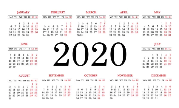 2020 için basit takvim düzeni. Hafta Pazartesi günü başlıyor. Vektör