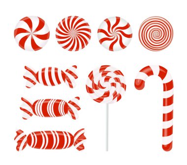 Kırmızı şeker vektör seti. Karamel, lolipop, lolipop, beyaz üzerine çizgili şeker