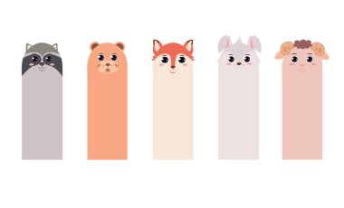 Karikatür tarzında çocuk kitapları için yer imleri seti, hayvanlarla dikey kartlar: rakun ayı Tilki tavşan koyun