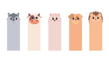 Karikatür tarzında çocuk kitapları için yer imleri seti, hayvanlarla dikey kartlar: kurt kedi köpek kirpi