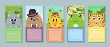 Hayvanlı çocuklar için vektör etiketi seti: Tebrik notu not şablonu etiketleri çıkartmaları için beyaz arka plan üzerinde Koala mors zürafa kurbağa leopar