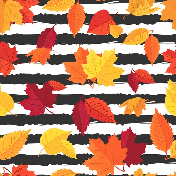 Vector seamless pattern of colorful autumn leaves on striped background. — Stock Vector