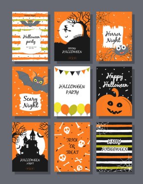 Cadılar Bayramı davetiyeleri. Dikey pankartlar. Geleneksel sembollü bayram posterinin tasarımı.