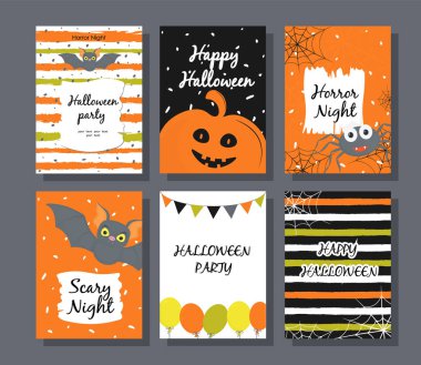 Cadılar Bayramı davetiyeleri. Dikey pankartlar. Geleneksel sembollü bayram posterinin tasarımı.