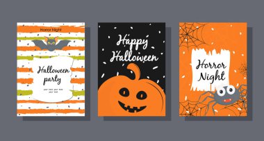 Vektör seti Halloween tebrik kartları geleneksel semboller kelime ifadeler.