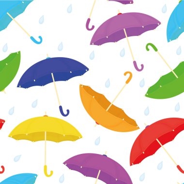 Vector seamless background with various colorful umbrellas with rain drops flat cartoon style on a white background