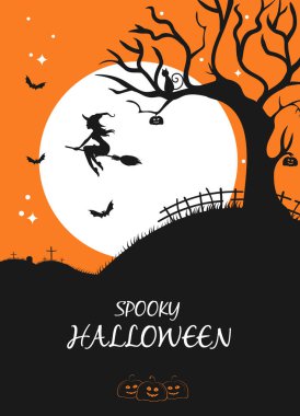 Cadılar Bayramı pankartı, süpürgede cadı, dolunay, balkabağı ve ağaç.