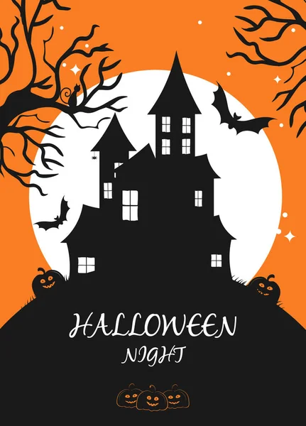 Banner de Halloween com abóbora, lua cheia, aranha de morcego. Design para cartaz de férias — Vetor de Stock