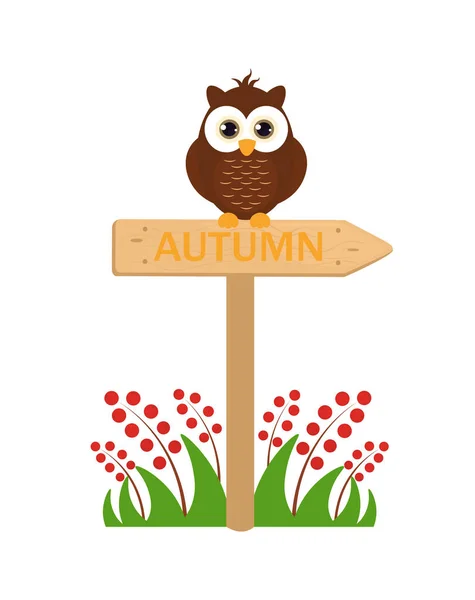 Ilustrace roztomilé sovy sedící na dřevěné tabuli. Podzimní znak s roztomilou sovou. — Stockový vektor