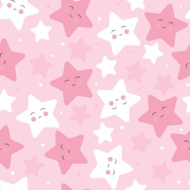 Pembe arka planda sevimli çizgi film yıldızları olan kusursuz çocuklar. Çocuk tekstil ürünleri ve diğer matbaalar için. Tüm ögeler düzenleme için mevcuttur. Vektör grafikleri.