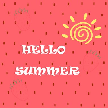 Çilek arka planında bir yaz kartı. Merhaba, soyut çilek arka planında yazı posteri ve yazı için yeri olan güneş. Kartpostal, blog, broşür, davetiye ya da poster şablonu. Vektör