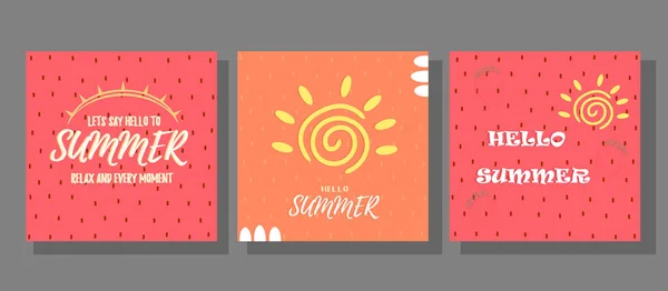 Ensemble Cartes Voeux Été Avec Soleil Sur Fond Fraise Affiche — Image vectorielle