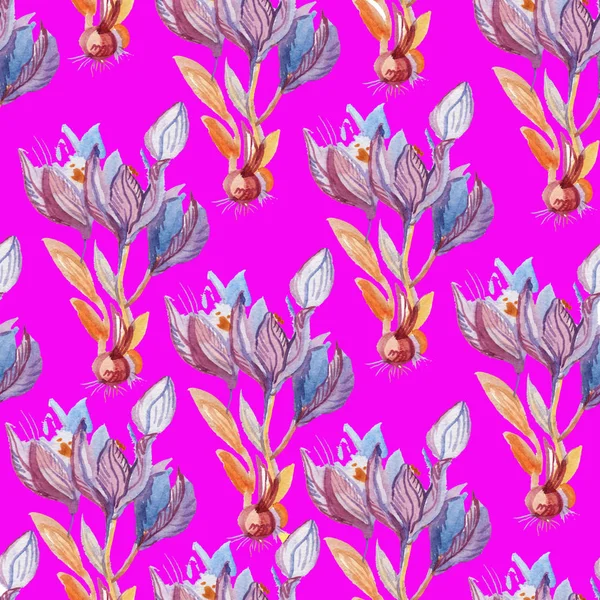 Violet crocus flowers pattern in the purple background with lilac crocuses. Holiday print on a  purple isolated background. Design for textiles, wrapping paper, wallpaper, packaging and postcards.