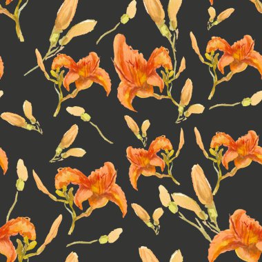 Siyah arka planda tomurcukları ile Desen turuncu Daylily