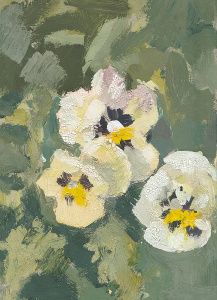 Pansy oil painting with leaves