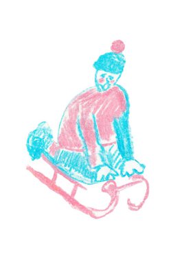 Kızağa binen kişi. Mavi ve pembe renkli boyalar çizilmiş.