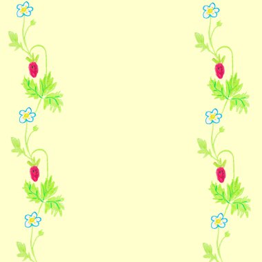 Çiçekli çerçeveler ve balmumu renkli böğürtlenlerle çizilmiş