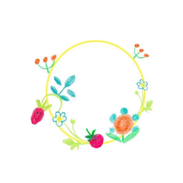 Frames with flowers and berries drawn with wax pastels — Stock Photo, Image