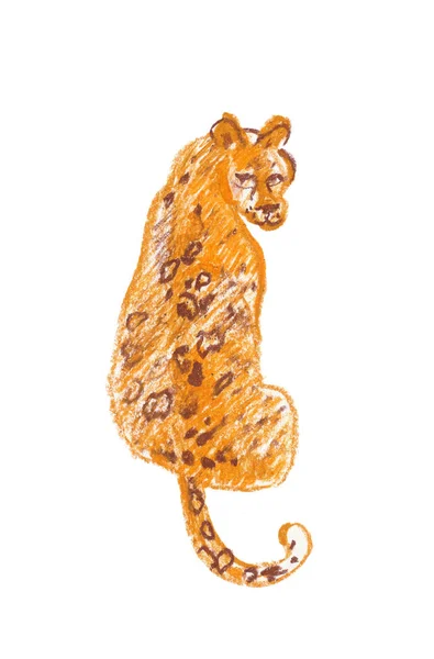 Skica leoparda. Animalistická ilustrace na bílém izolovaném pozadí. Zvířata ručně kreslené voskové pastelky. Design pro knihy, pohlednice, zoo, obaly, plakáty, grafika. — Stock fotografie