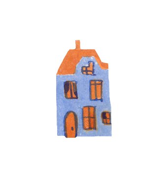 Turuncu ve mavi renkli suluboya ev. İskandinav dilinde 