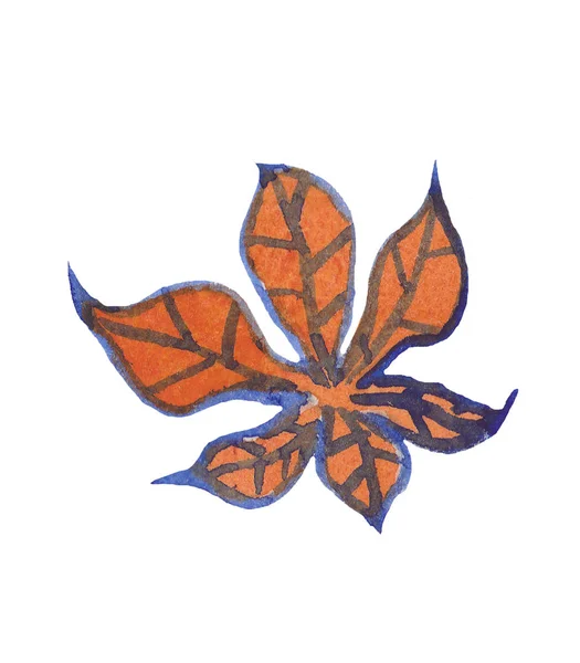 Watercolor chestnut leaf in orange and blue colors. In Scandinav — 스톡 사진